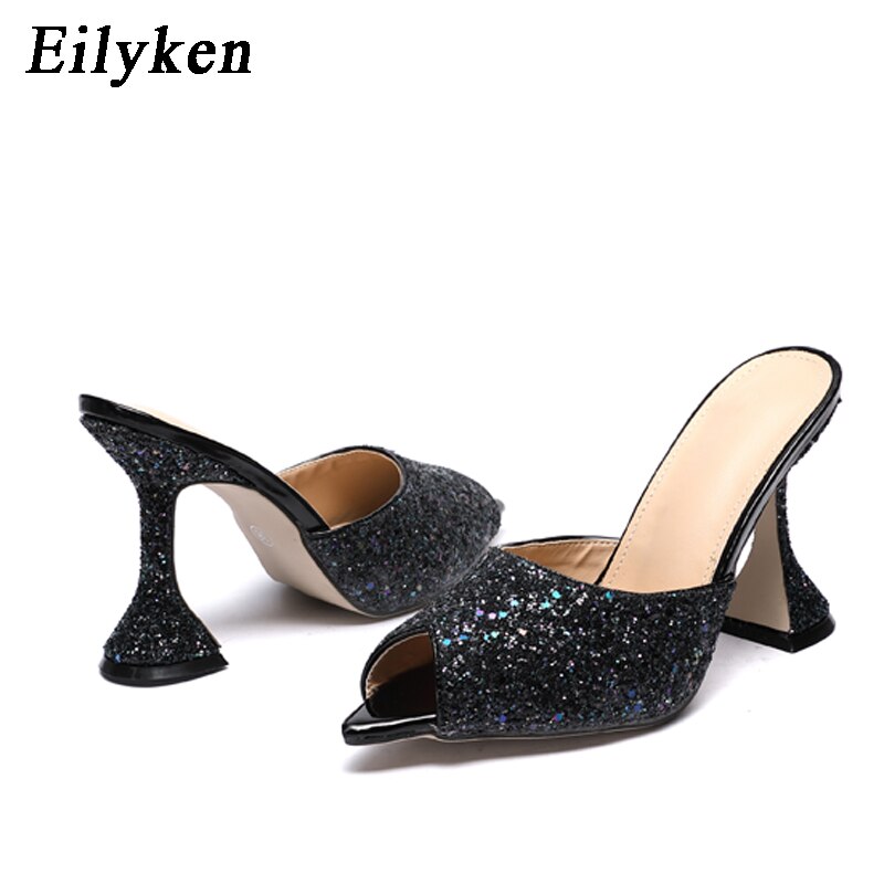 Eilyken verano nuevos zapatos mujer LICRA mulas fluorescentes purpurina Peep toe Slides zapatillas de tacón alto deslizamiento en sandalias de: 41