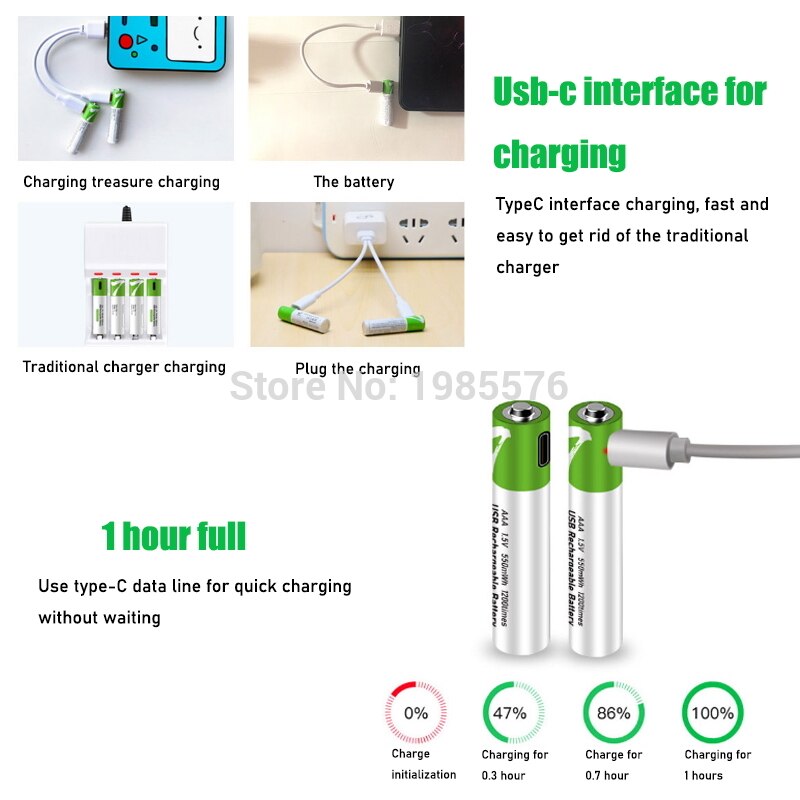 AAA Rechargeable Batteries - 1.5V 550mWh USB Li-Ion - Pack of 4, 8, 12, or 20