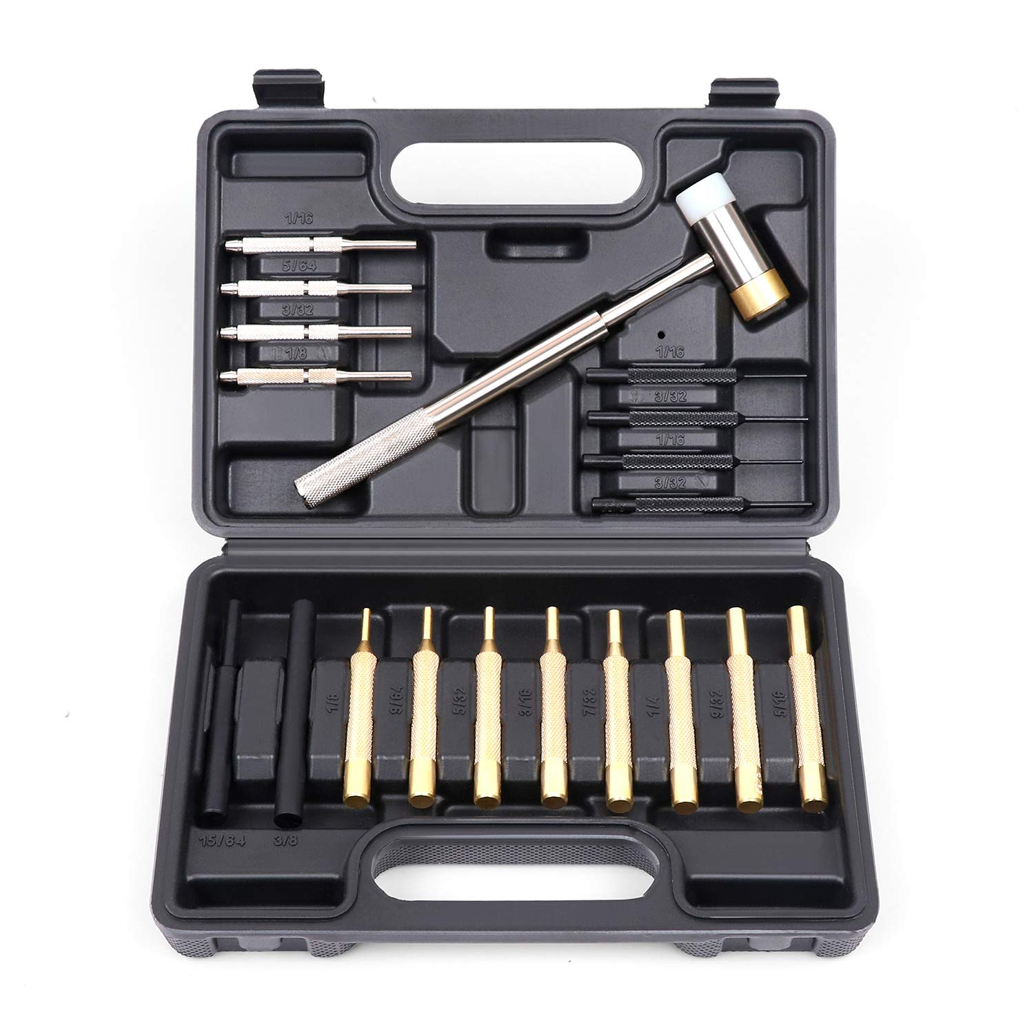 2022 -19Pieces Gunsmith Punch Set and Hammer with Brass, Hollow, Steel, Plastic Punches, Brass Punch for Gunsmithing Maintenance