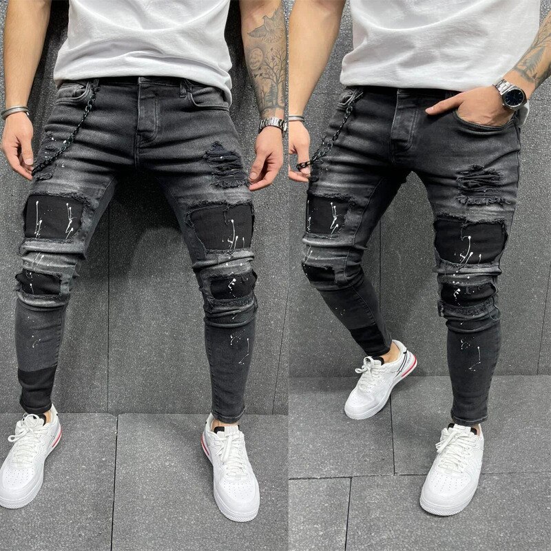 Mannen Ripped Skinny Jeans Zwart Patchwork Biker Potlood Broek Locomotief Denim Broek Straten Hip Hop Cowboy Broek