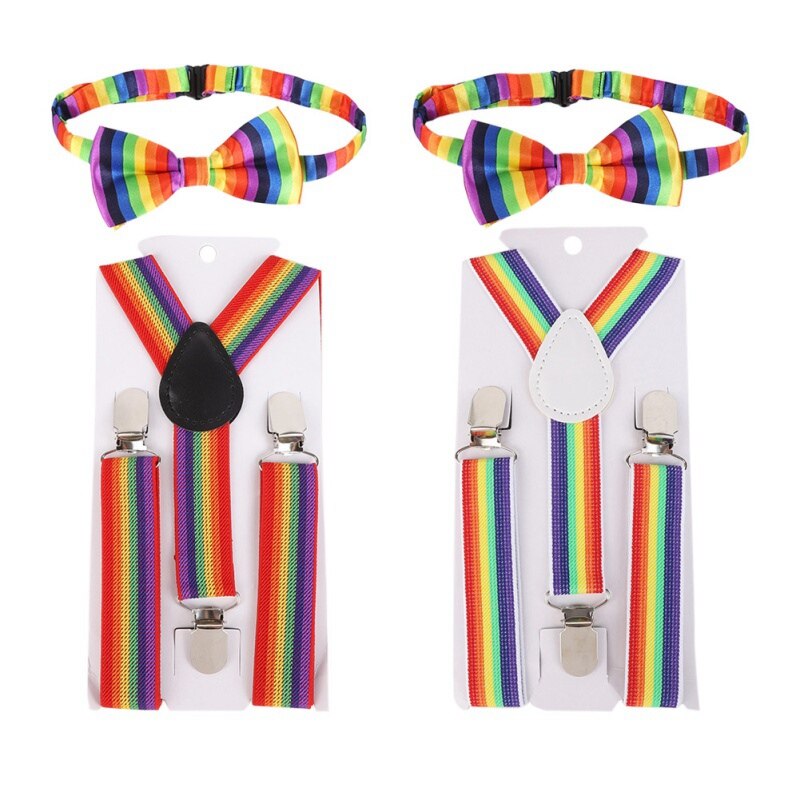 2pcs British Style Kids Suspenders Children's Adjustable Braces Elastic Band And Students Rainbow Striped Bow Tie Kit