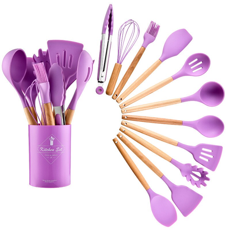 Juego de Utensilios de Silicona para la Cocina, Instrumentos para Cocinar, Espátula y Pala Antiadherente, Accesorio con Mango de Madera, con Recipiente de Almacenamiento: Purple