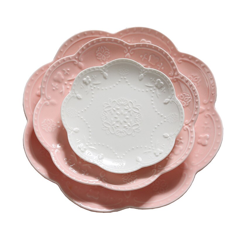Lace Bloem Europese Stijl Vlakke Plaat Westerse Steak Plaat Reliëf Ronde Ondiepe Plaat Zuiver Wit Bone China Dessert Lade Thuis