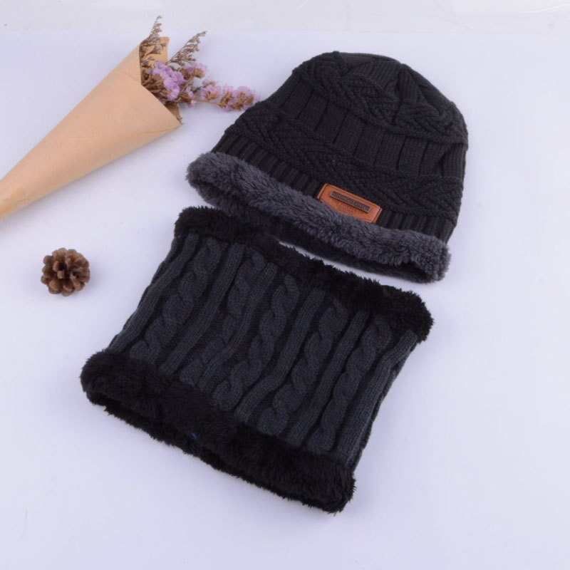 Vinter gutt lue skjerf sett fast strikket lue lokk tykkere varm fløyel låve hatt sikring caps ski myk ringe skjerf låve