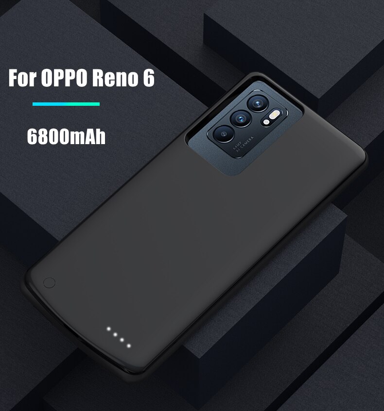 Fundas para cargador de batería para OPPO Reno 6 Pro, fundas para batería de 6800mAh, cubierta de carga de Banco de energía de respaldo para OPPO Reno 6 Pro + funda de energía: Black For Reno 6