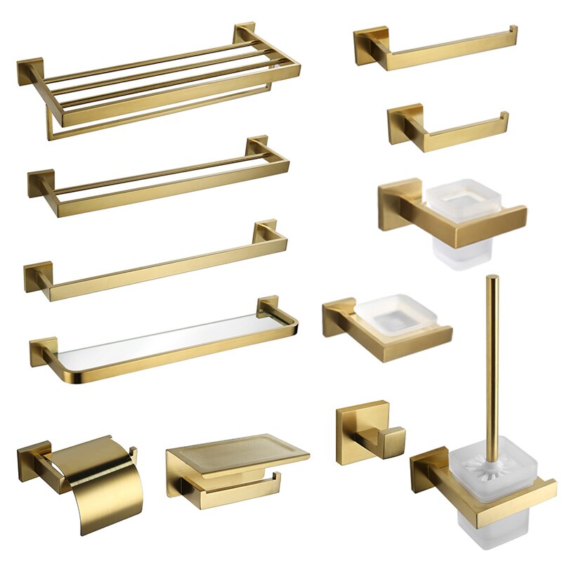 Accesorios de baño de oro cepillado, soporte de papel higiénico, gancho de pared, colgador de toalla, organizador de cocina de acero inoxidable, estante de barra de toalla
