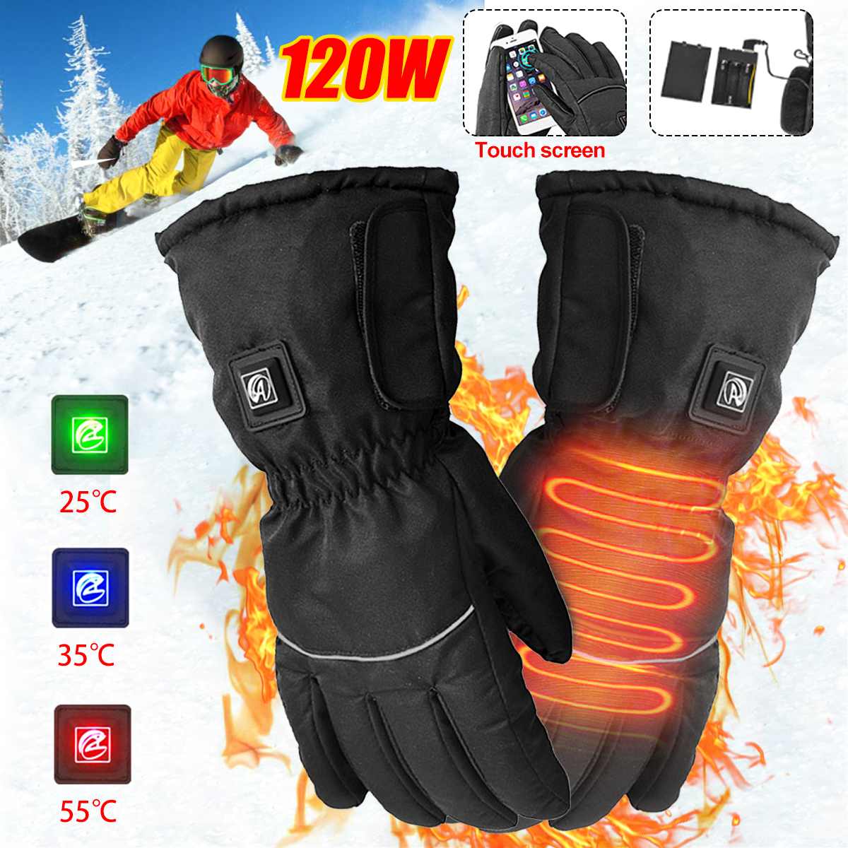 1Pair Motorcycle Gloves Windproof Waterproof Electric Heated Moto Touch Screen Battery Powered Motorbike Riding Gloves Winter