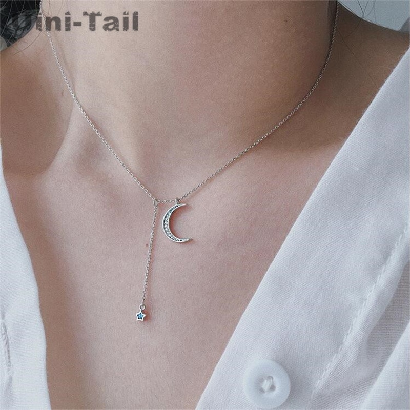 Uini-cauda novo 925 prata esterlina estrelas lua micro-incrustado colar coreano moda doce personalidade simples pequeno fresco ed283