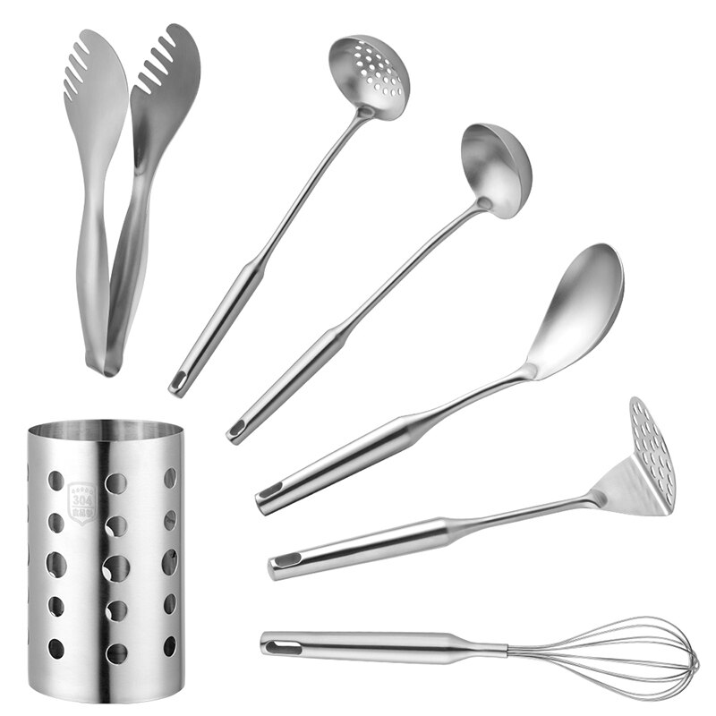 1/7pc Stainless Steel Kitchen Utensils Chopsticks Tube Soup Ladle Colander Set Gold Cooking Tool Set Egg Stirrer Kitchenware Set: Silver 7pcs