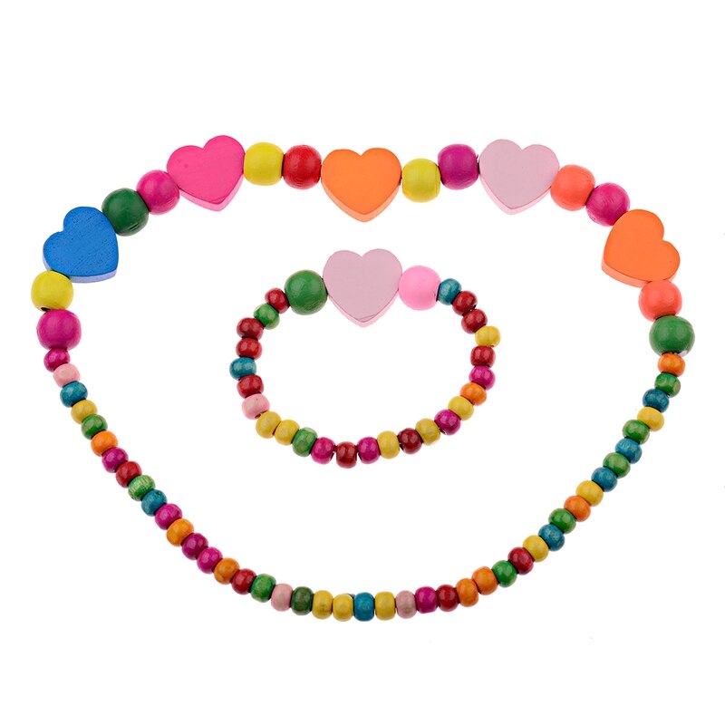 1Set Lovely Girl's Wooden Necklaces Lovely Colorful Heart Shape Beads Necklace&Bracelet Jewellery Set Birthday CS26