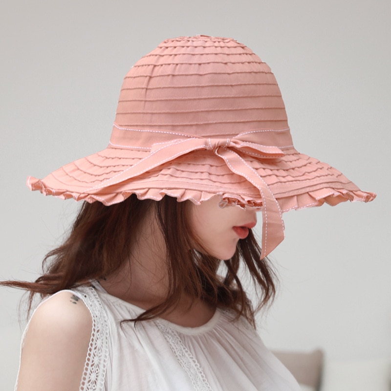 Women Hat Korea Style Bowknot Foldable Large Wide Brim Hats Anti-UV Adjustable Ladies Beach Sun Basin Caps