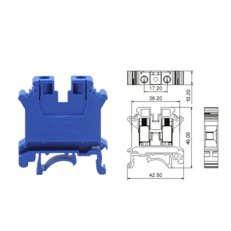 50Pcs Din Rail Universal Screw Terminal Blocks UK-10N Morsettiera Electrical Wire Terminals Block Connector Brass Bornier 75A