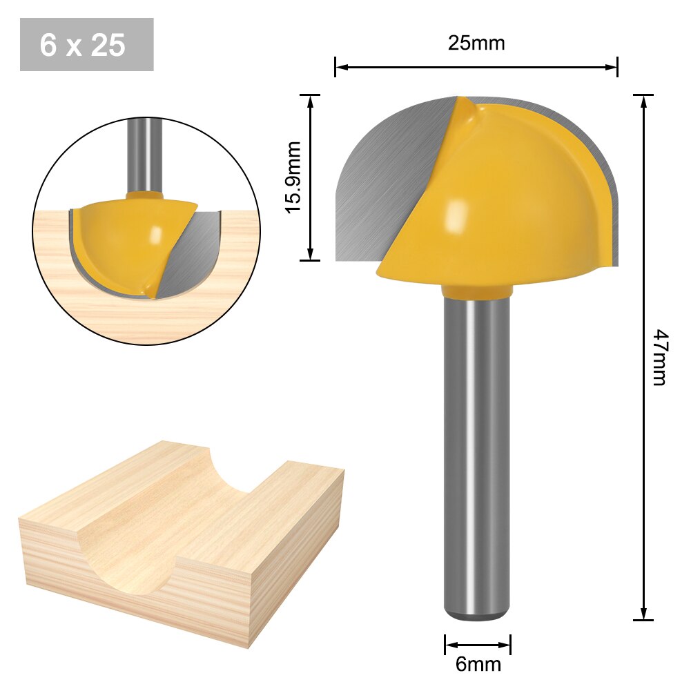 6mm Shank 6,8,12,16,18,20,22mmCNC tools solid carbide round nose Bits Round Nose Cove Core Box Router Bit Shaker Cutter Tools: 6X25