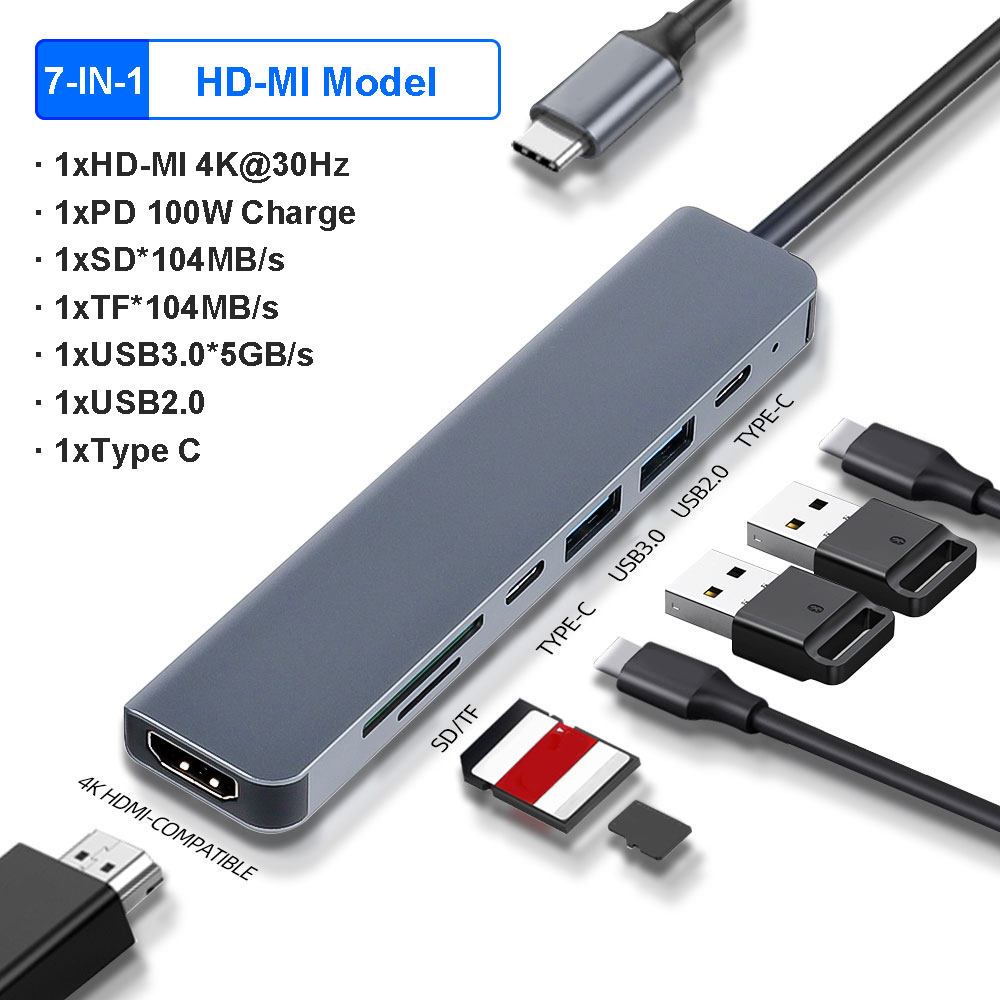4k 30hz usb-c-dockningsstation med typ-c-funktion och hdmi-kompatibel  rj45 adapter, usb- 3.0 hubb, splitter för bärbar dator, macbook air  m1, ipad pro: Blå