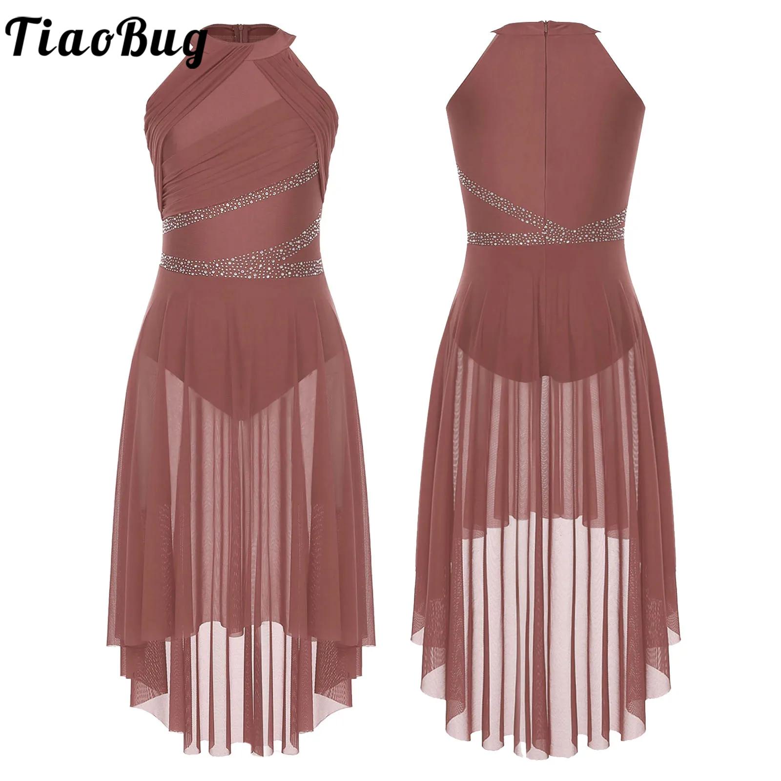 Womens Modern Lyrical Dance Dress High-Low Tulle Rhinestone Ballet Gymnastics Leotards Figure Skating Performance Costume