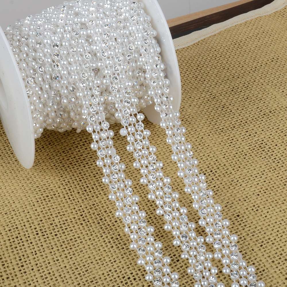 BOLIAO 1 Yard 15mm (9/16 &quot;) breedte ABS Imitatie Parel Kralen Ketting Trim en 4mm Ronde Steentjes Wedding Party Decoratie R2007