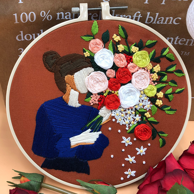 Kit de bordado de ramo de niña moderna, bordado artesanal, patrón de planta de casa, punto de cruz para principiantes (con ARO)