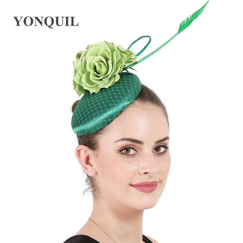 Coiffe de mariage fleur verte mariée casque de avec maille fantaisie Fascinators chapeau de mariée avec pince à cheveux pour femme