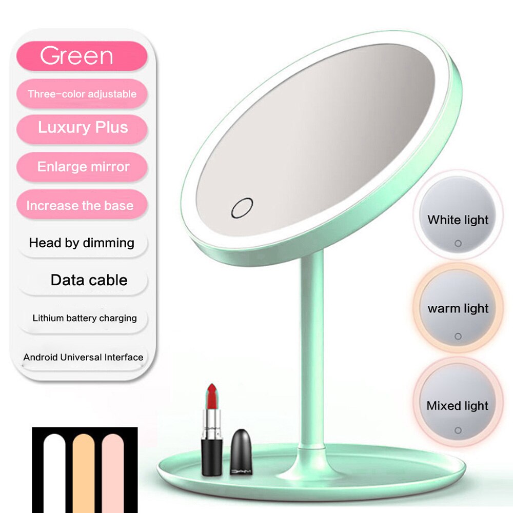 LED Makeup Mirrors with Ring Light HD Vanity Mirrors Smart Touch Control Illuminated Stand Up Desk Table Mirror USB Charge: 3 color light green