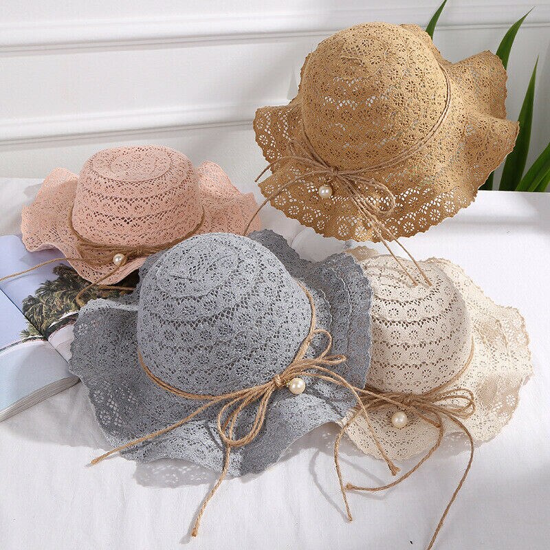 Zomer Baby Meisjes Bloemen Kant Golf Strand Emmer Hoed Kinderen Strand Caps Parel Opvouwbare Zonnescherm Hoed Casual Stro Caps 52 -54 Cm