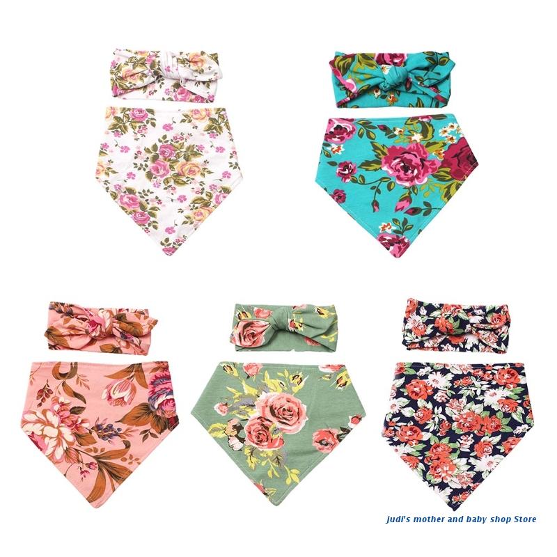 67JC 2 Pcs Babyvoeding Kwijl Bib Hoofdband Set Double Side Bloemenprint Slabbetjes Haar Band Kit Speeksel Handdoek Zacht puur Katoen