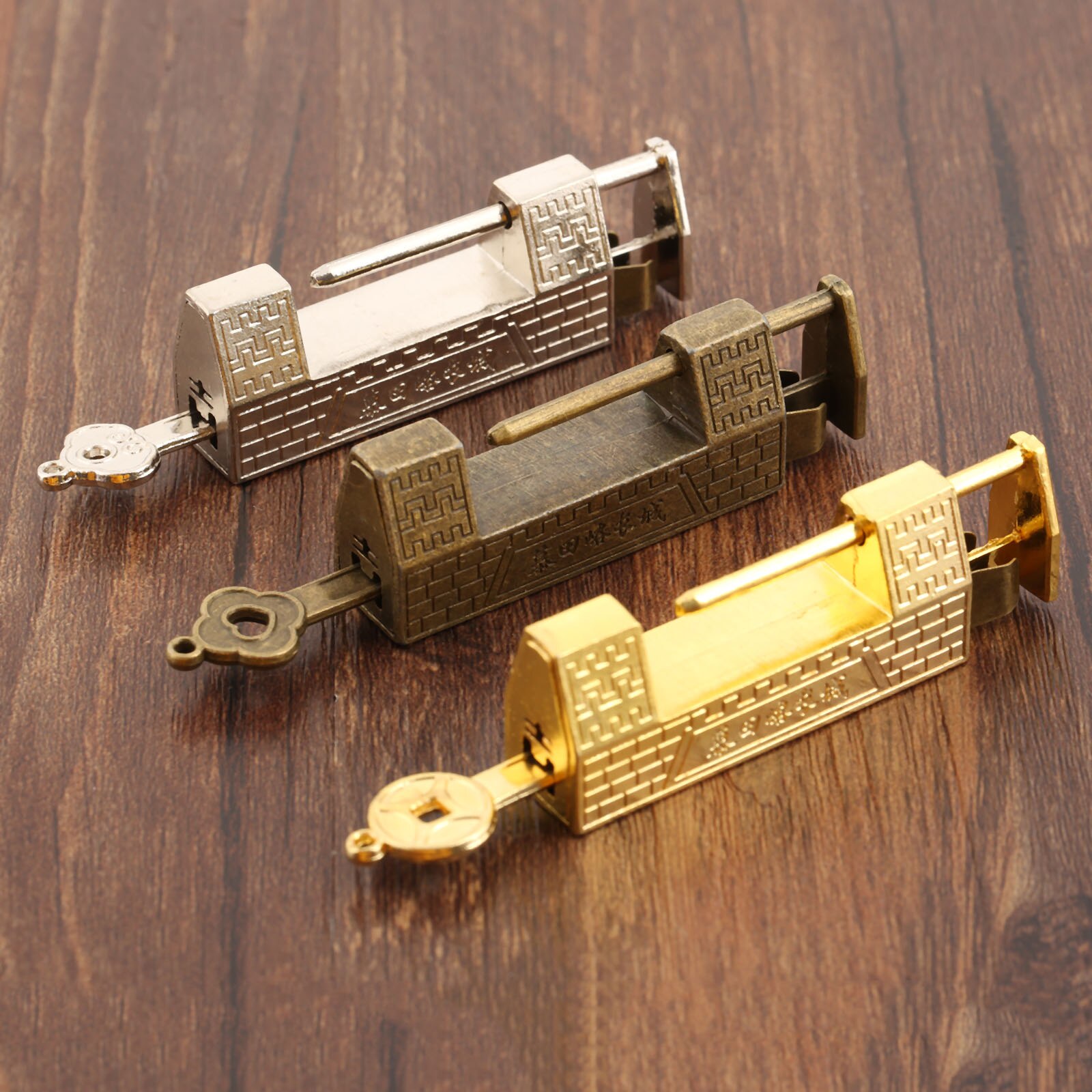 Vintage Slot Met Sleutel Grote Muur Patroon Hangslot Goud/Zilver/Brons Antieke Oude Chinese Sieraden Houten Doos Case lade Kast
