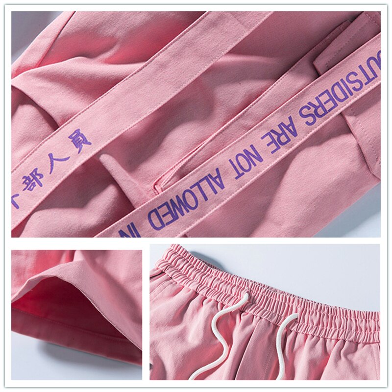 2021 nowa, w stylu Streetwear Hip Hop Cargo spodnie mężczyźni i kobiety wstążka wyszywane litery japońskie spodnie do biegania Casual Harem Pants Pink