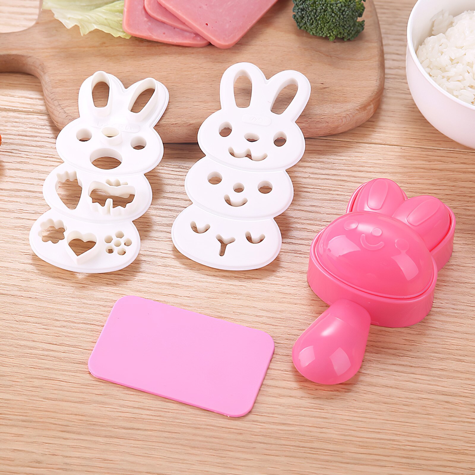 Juego de moldes de arroz Nori para Sushi, herramientas de cocina de estilo japonés, lindo conejo Bento Maker Cutter, molde portátil para alimentos para niños, molde Kawaii