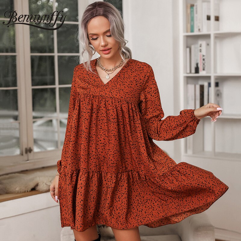 Benuynffy v-hals print ruche zoom smock jurk lente vrouwen boho mini jurken lange mouwen vrouwelijke casual losse jurk