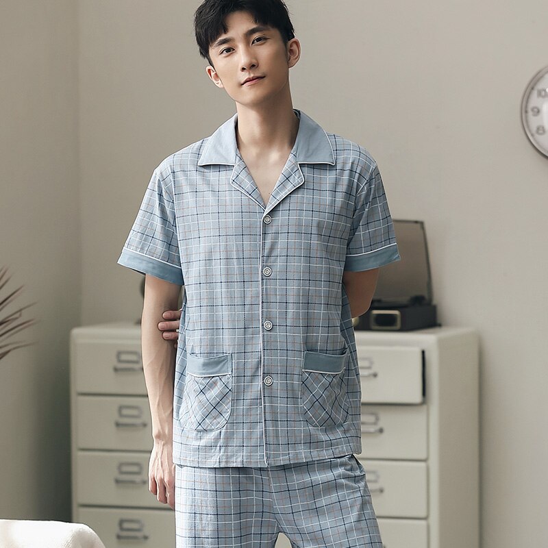 Men Shorts Pajamas 100% Cotton 2 Pieces Sleepwear Pijama Man&#39;s Bedgown Home Clothes PJ Plaid Pure Cotton Pajamas Summer