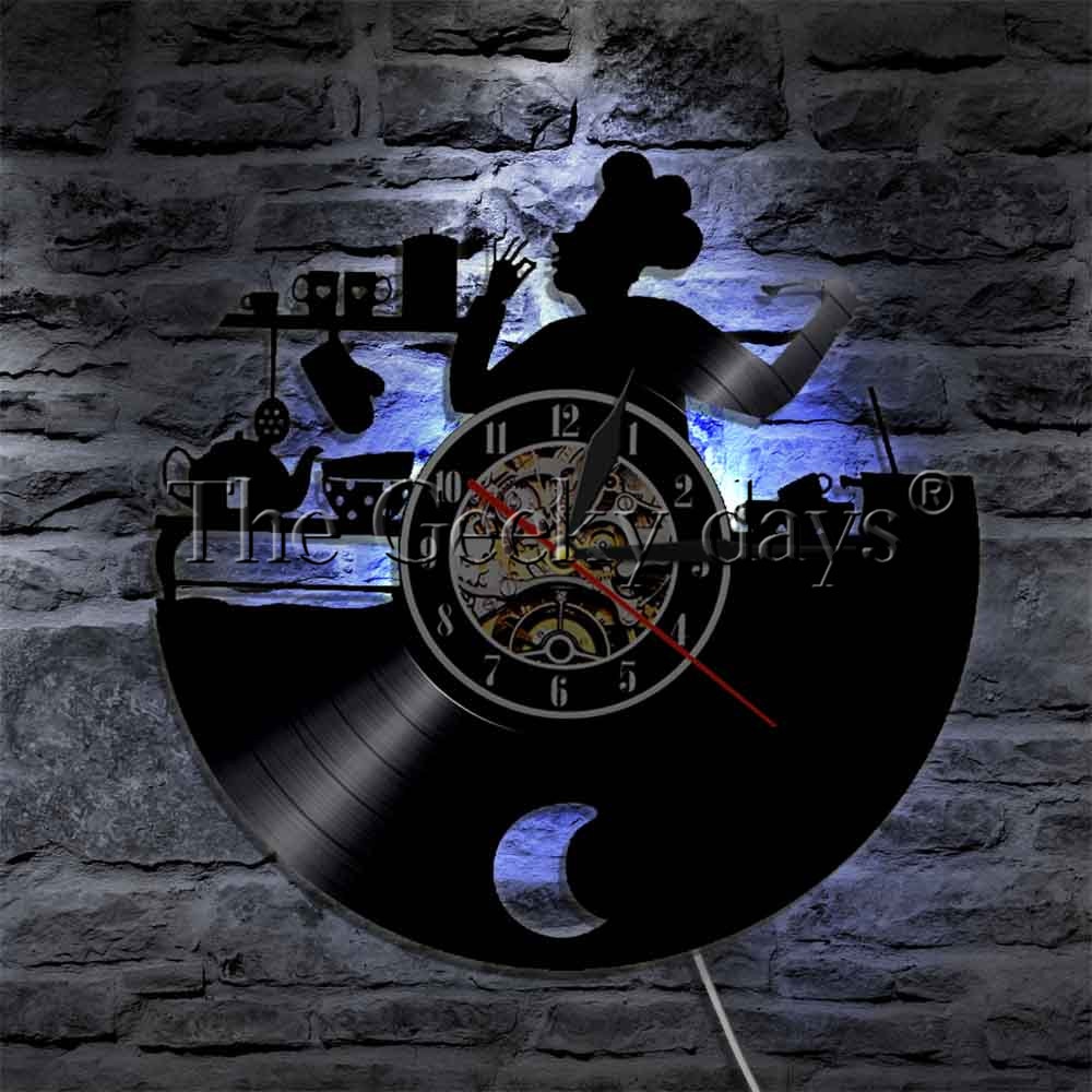 Kitchen Vinyl Record Wall Clock Modern Cooking Room 3D Decoration LED Clock Wall Watch Home Decor for Chef 12 inch