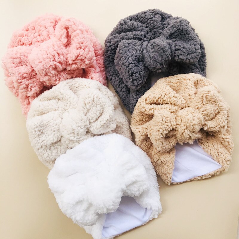 Chapeau à gros nœud en laine d&#39;agneau pour bébé fille, Turban, enveloppe la tête, Bonnet pour enfants, accessoires de photographie pour -né