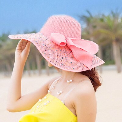 Women Ladies Summer Hats Straw Hats Bow Beach Foldable Sun Hats: Dot Pink
