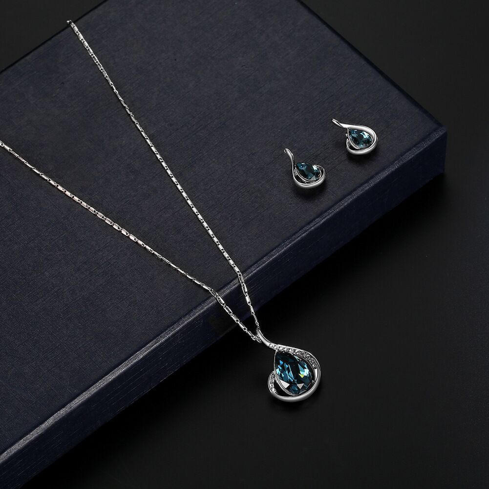 pendientes plata 925 andywen conjunto tous de pendiente y collar y Conjunto de collar de pendientes de boda geométricos creativos Zhihai azul, europea y americana, conjunto de gota de agua azul y verde para mujer: PLATEADO