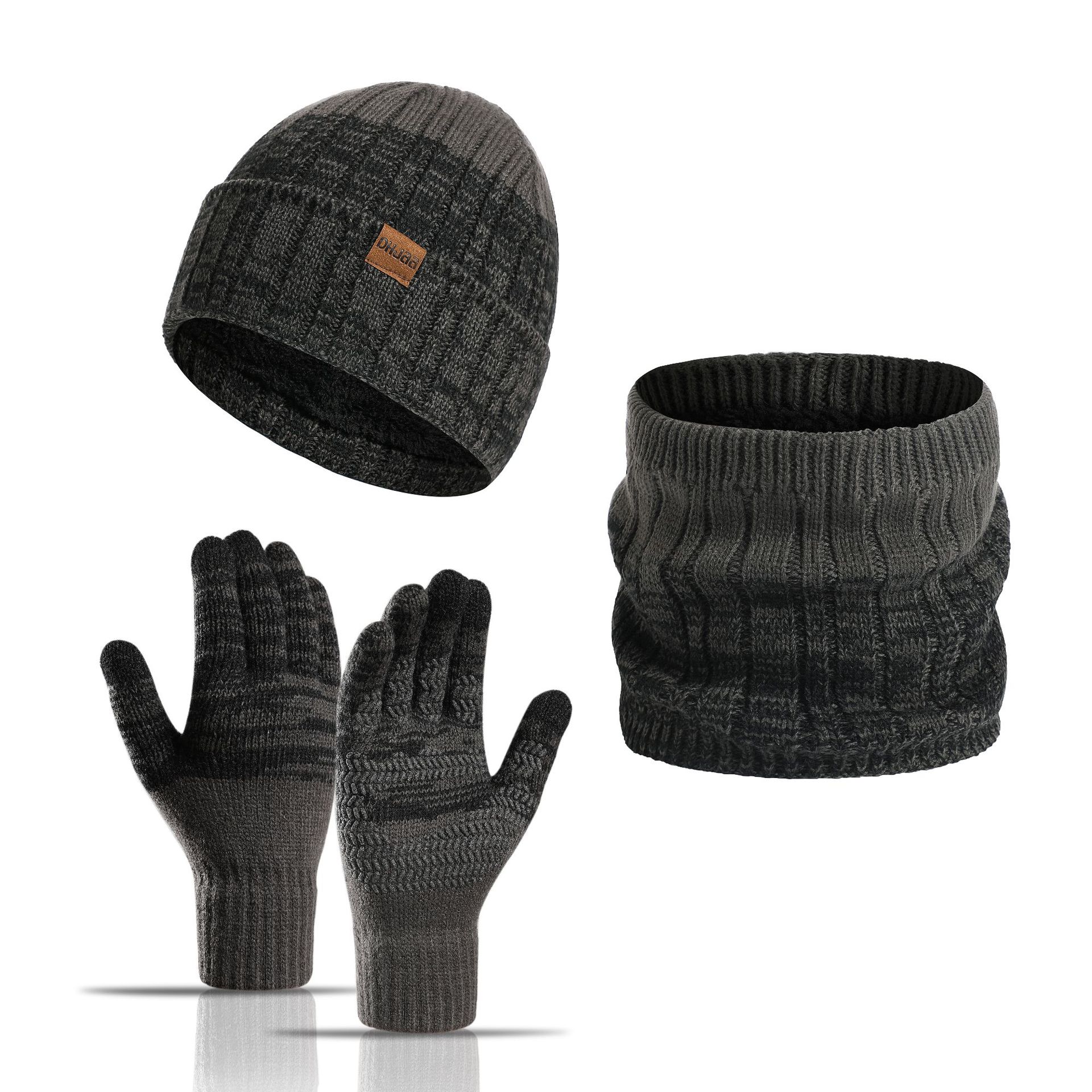 3pcs/set Winter Autumn Knitted Scarf Hat Glove Sets Warm Windproof Thickened Soft Touch Screen Gloves Suit: dark gray
