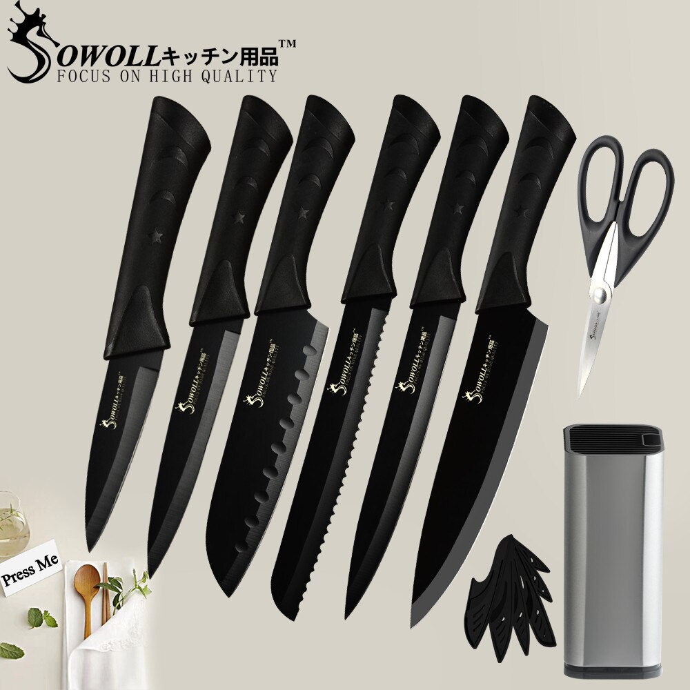 Sowoll superior 7 cr 17 ruostumattomasta teräksestä valmistettu keittiöveitsisetti sakset veitsenpidike japanilaiset keittiöveitset työkalut 8 kpl sarja