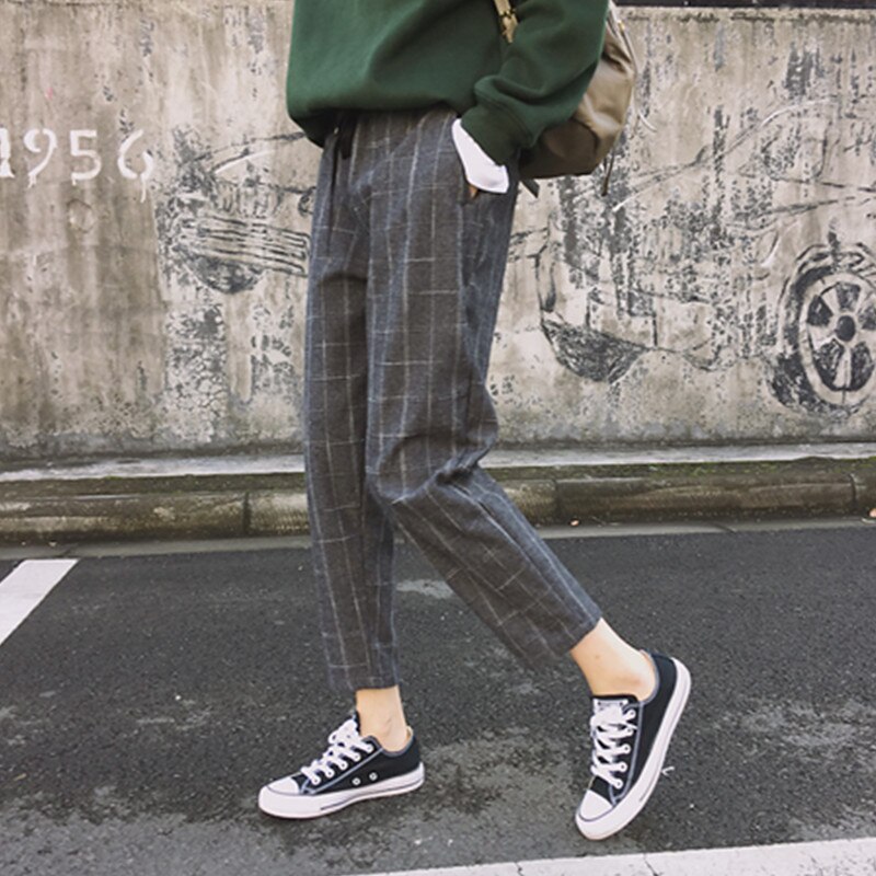 Kvinder bukselommer plaid kvinder løs afslappet kvindelige højtaljede bukser kvinder koreansk stil retro chic studerende piger: Grå / S