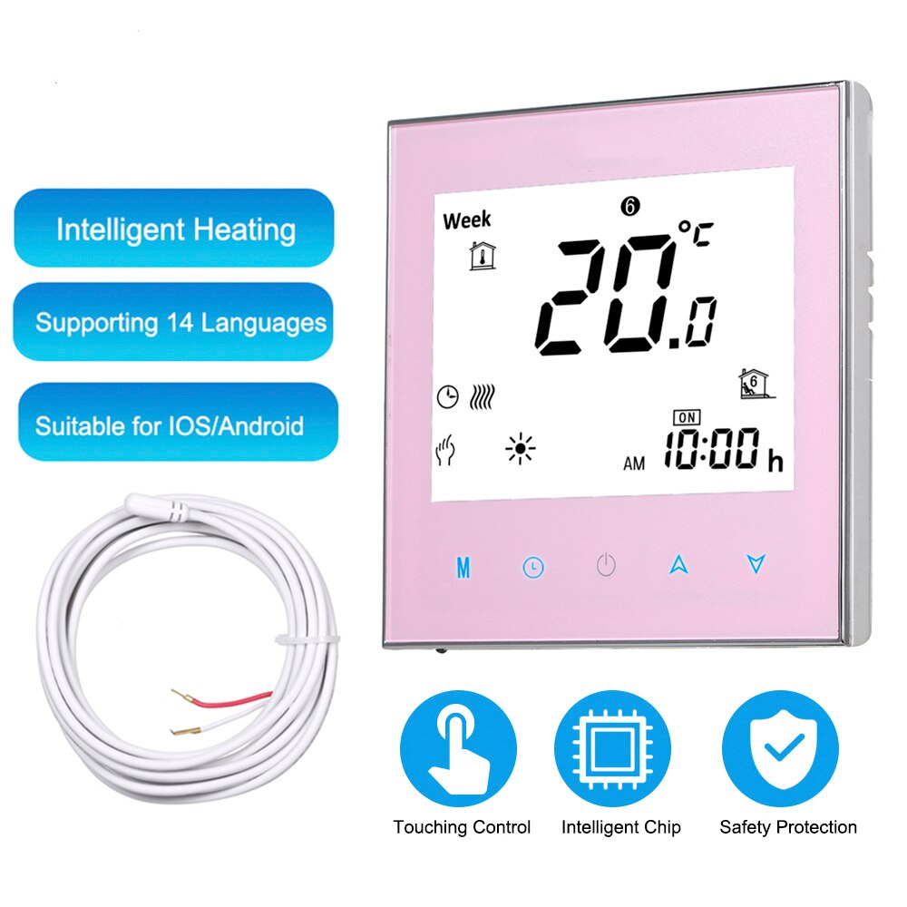 Digital thermostat AC 95-240V with WiFi voice control LCD touch screen for all electric heating systems floor heating thermostat: pink no wifi