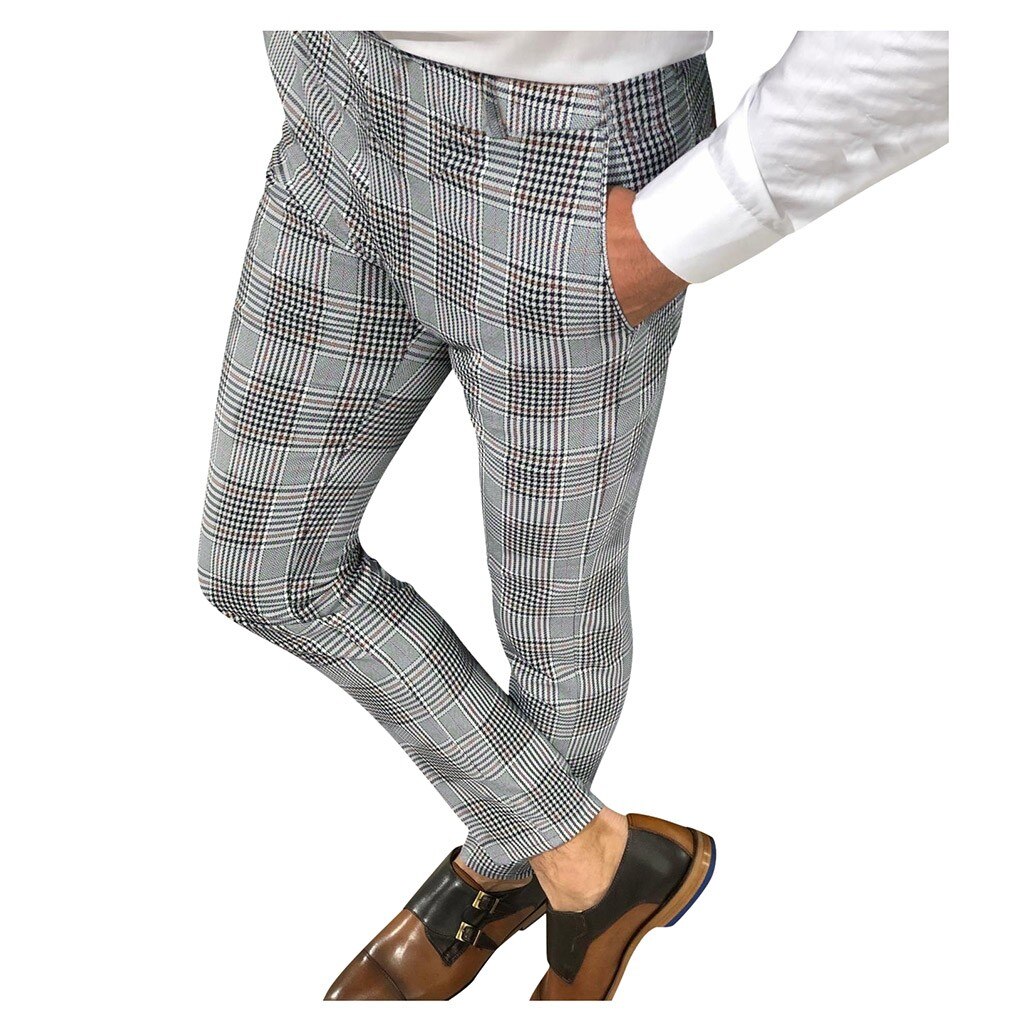High wasit vårsommarficka herr slim fit rutiga byxor med raka ben casual penna jogger fritidsbyxor #g2: A / Xxxl