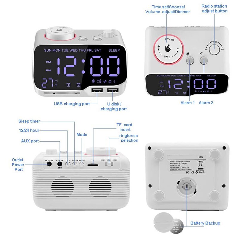 Digital Alarm Clock Radio Bluetooth Speaker,12/24 H,Dimmer,Dual Alarm,Snooze,Thermometer,Sleep Timer White US Plug clock radio