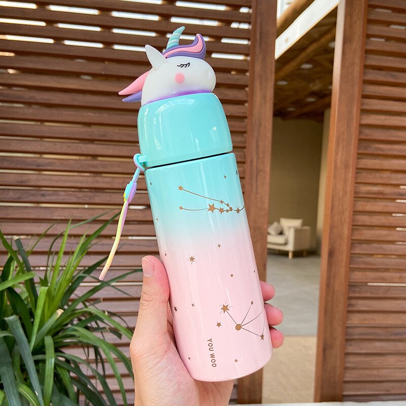 1pc dessin animé licorne tasse changement progressif petit frais littérature et Art Botton Portable acier inoxydable verre scellé extérieur: D