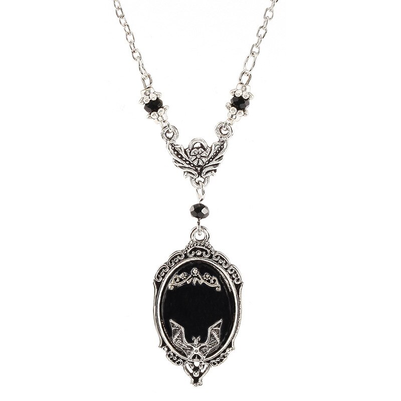 Punk Gothic Vampier Hanger Ketting Halloween Rock Victoriaanse Zilveren Omlijst Bat Cameo Ketting Voor Vrouwen Mannen Unisex Sieraden