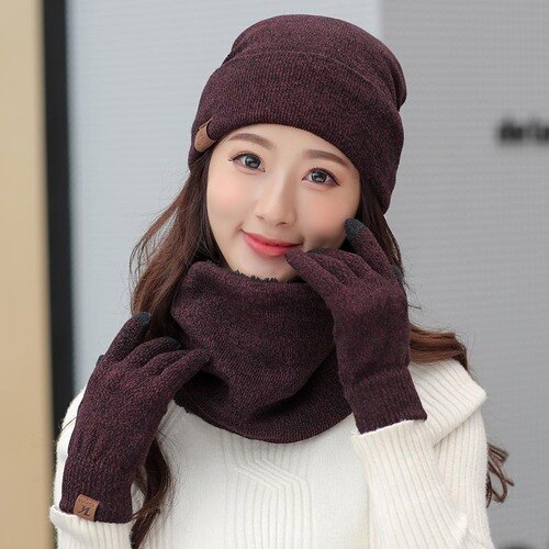 3 Pce/Set gorro bufanda guantes par invierno a prueba de viento grueso bufandas Kit de de Punto más terciopelo sombrero bufanda conjunto para hombres y mujeres: COFFEE