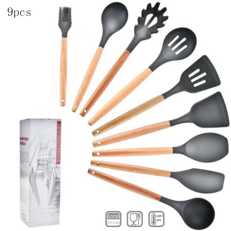 Silicone Cooking Utensils Set Soup Spoon Spatula Brush Non-Stick Shovel Wooden Handle Kitchen Tool Heat-Resistant: 9pcs A