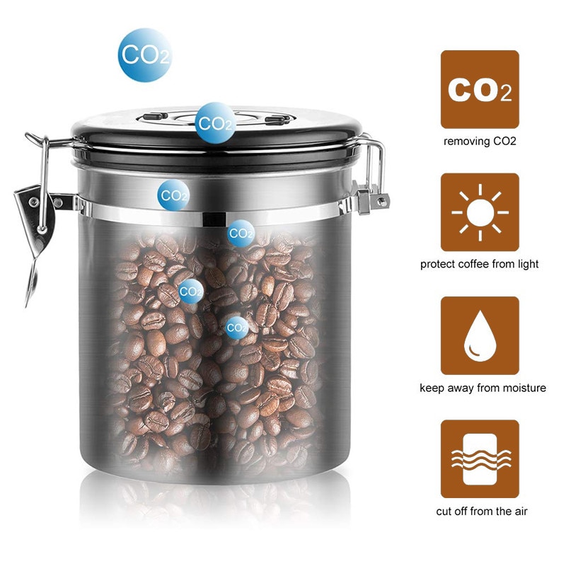 1.5/1.8L Coffee Canister Stainless Steel Food Storage Coffee Container CO2-Release Valve with Date Tracker and Coffee Spoon