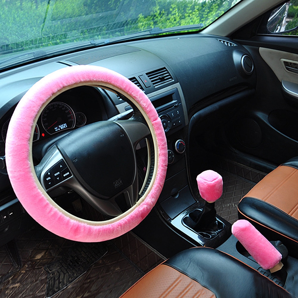 Funda de volante Universal de felpa de de coche, traje de tres piezas de felpa cálida de invierno, accesorios para coche peludos