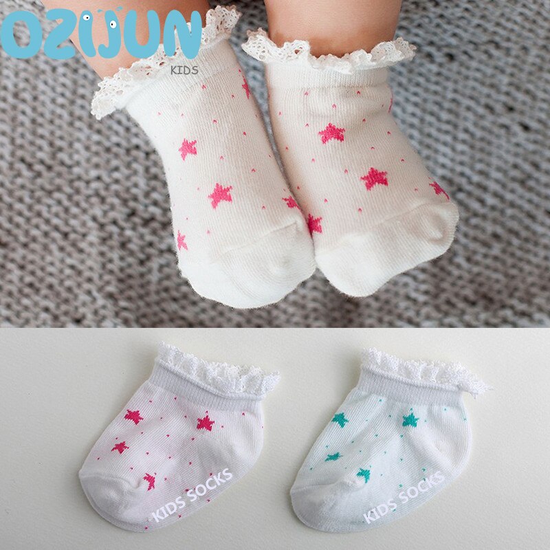 one pairs 100% cotton baby socks rubber slip-resistant little star print with lace ruffle trim 0-2/2-3Y