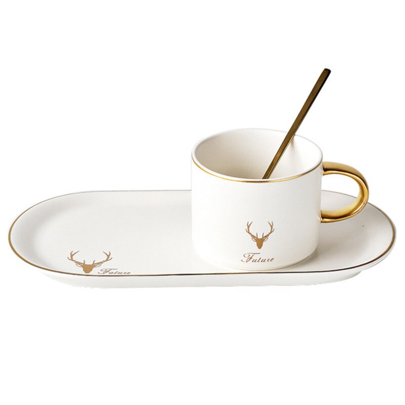 European Phnom Penh Ceramic Coffee Cup with Saucer and Spoon Sets Tea Cup Milk Breakfast Mugs Dessert Plate Cake Tray Drinkware: White