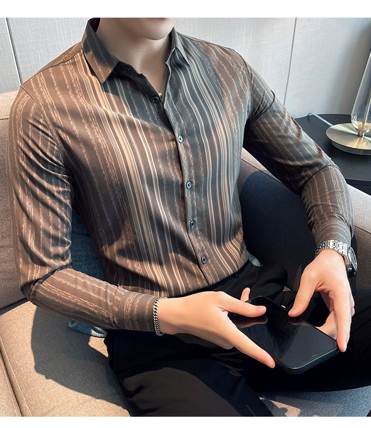 Spring Autumn Striped Printing Bottoming Shirt Men Korean Long Sleeve Vintage Business Casual Blouse Male Cardigans Top