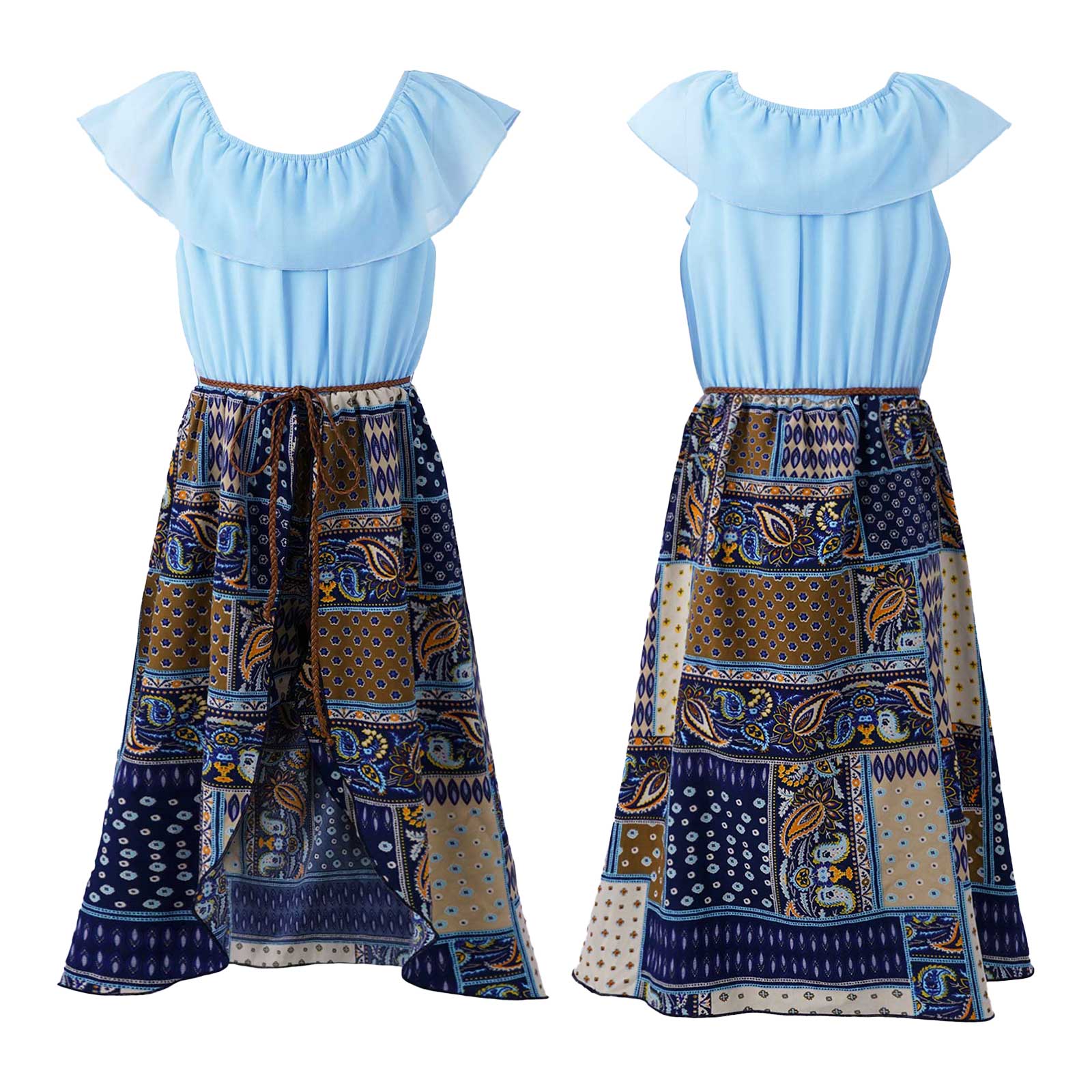 Big Girl Overalls Off-shoulder Girls Romper Patchwork Bohemia Girls Jumpsuit Dress Summer Girls Clothes Outfits 6 8 10 12 14 Yrs